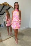 Refined Glow Halter Neck Peplum Dress Orange Pink