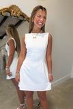 Backless Detail Boat Neck Sleeveless Mini Dress White