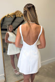 Backless Detail Boat Neck Sleeveless Mini Dress White