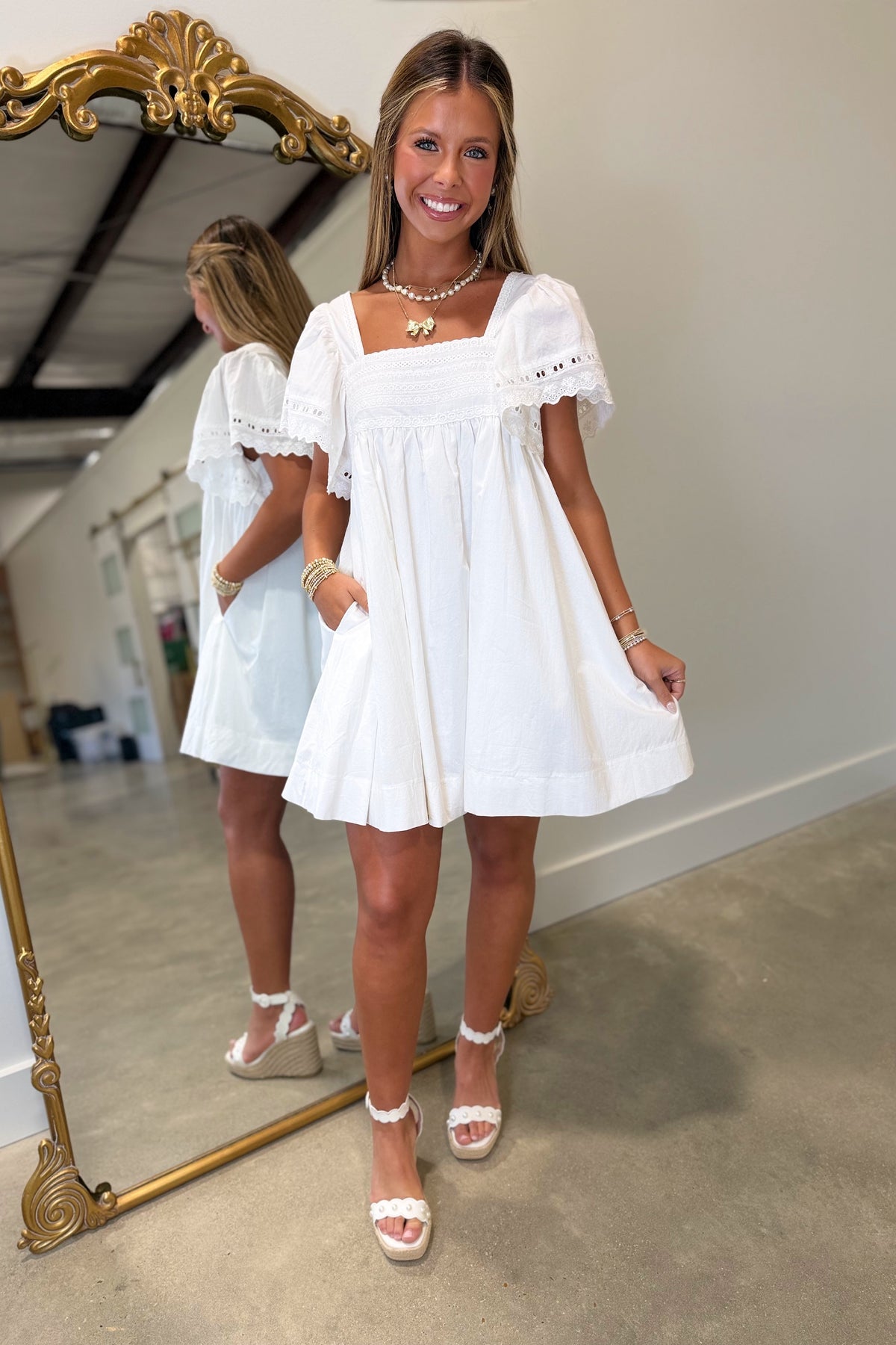 In the Spotlight Square Neck Eyelet Dress White