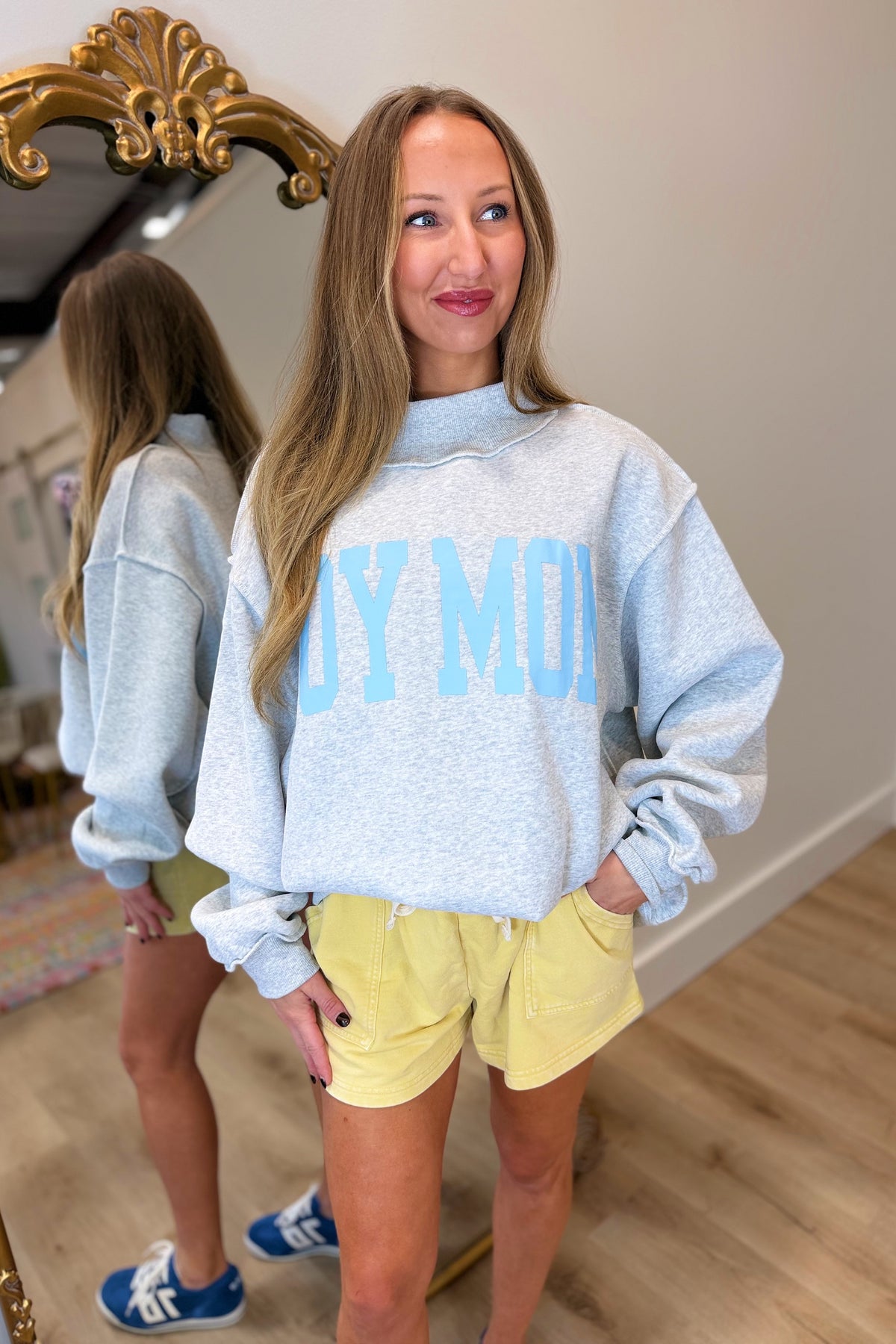 Boy Mom Reversible Mock Neck Sweatshirt Grey
