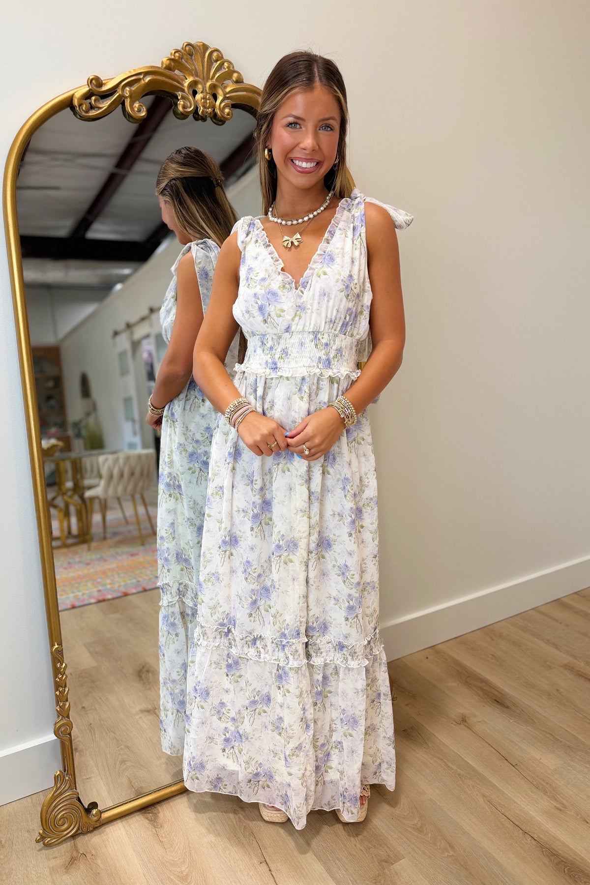 Floral Frenzy Shoulder Tie Dress Cream
