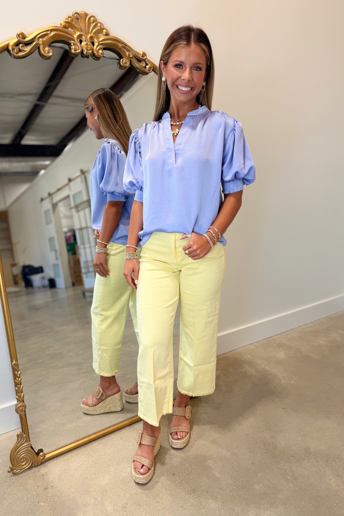Satin V Neck Puff Sleeve Blouse Lavender