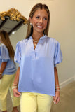 Satin V Neck Puff Sleeve Blouse Lavender