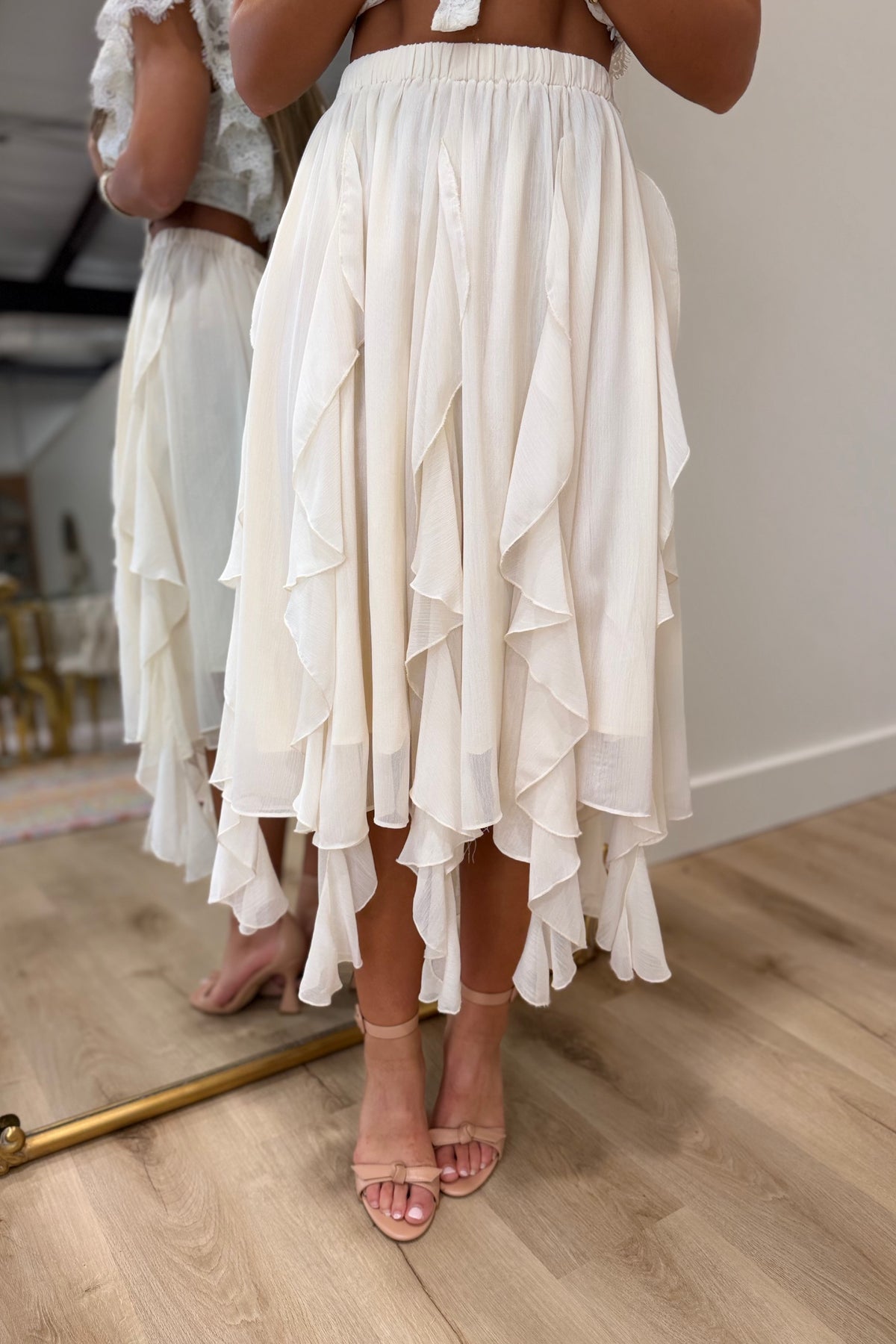 Cascading Ruffle Midi Skirt Cream