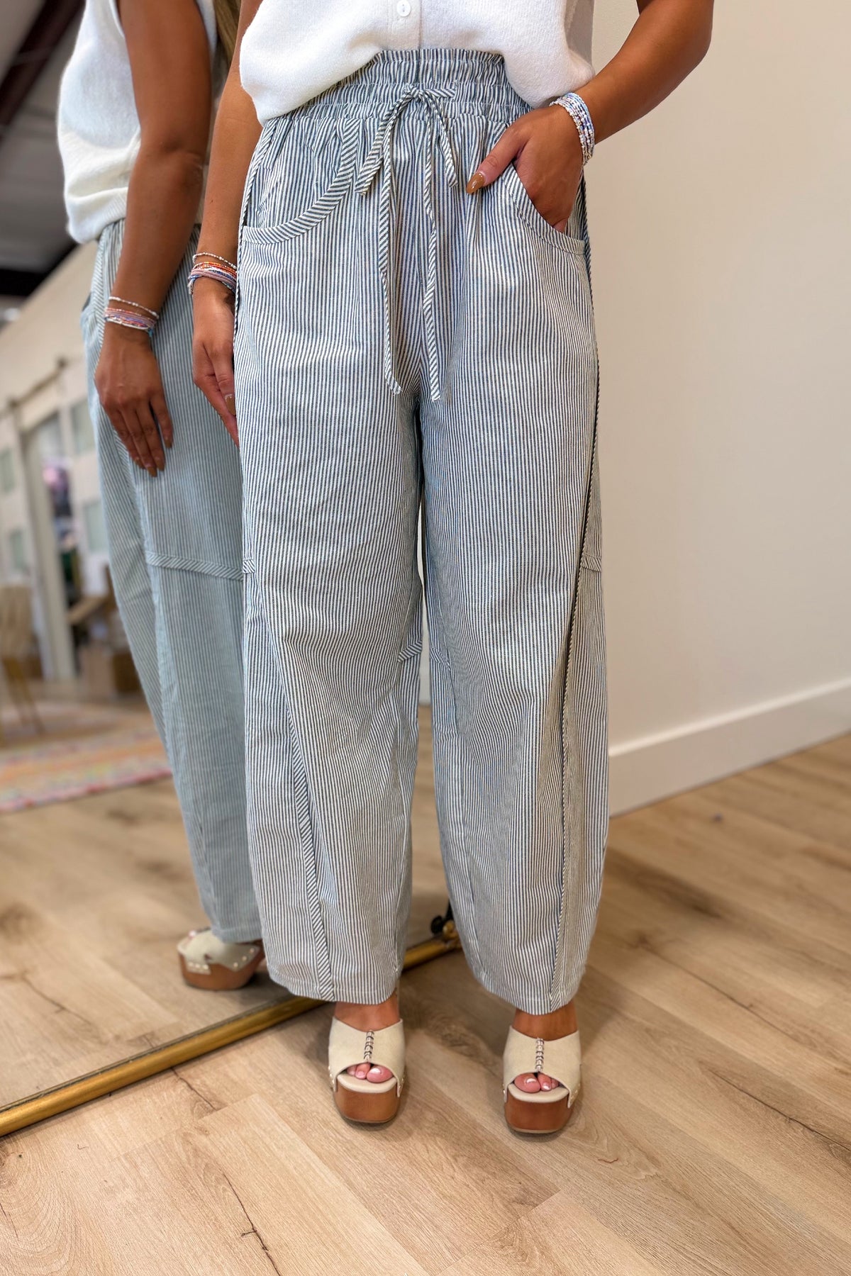 Striped Barrel Cotton Pants Olive