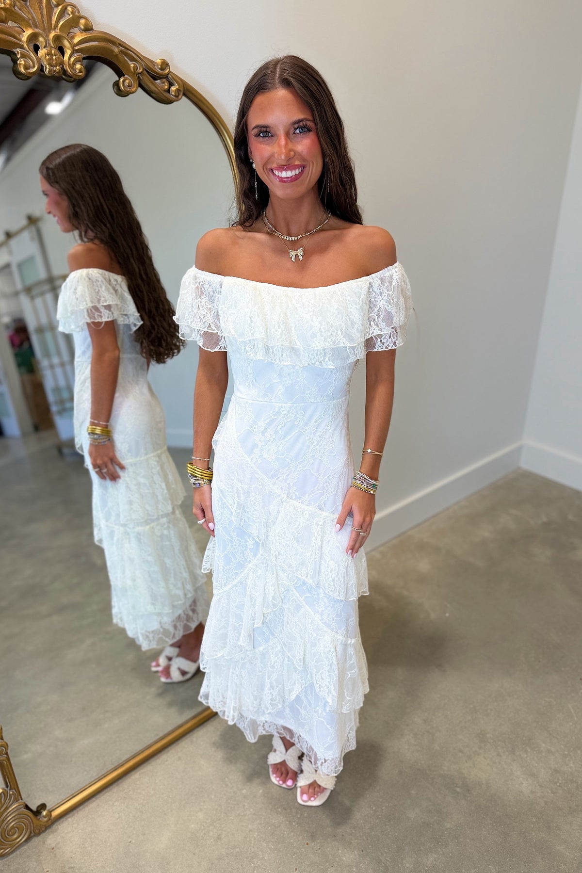 Romantic Lace Ruffle Tiered Maxi Dress Ivory