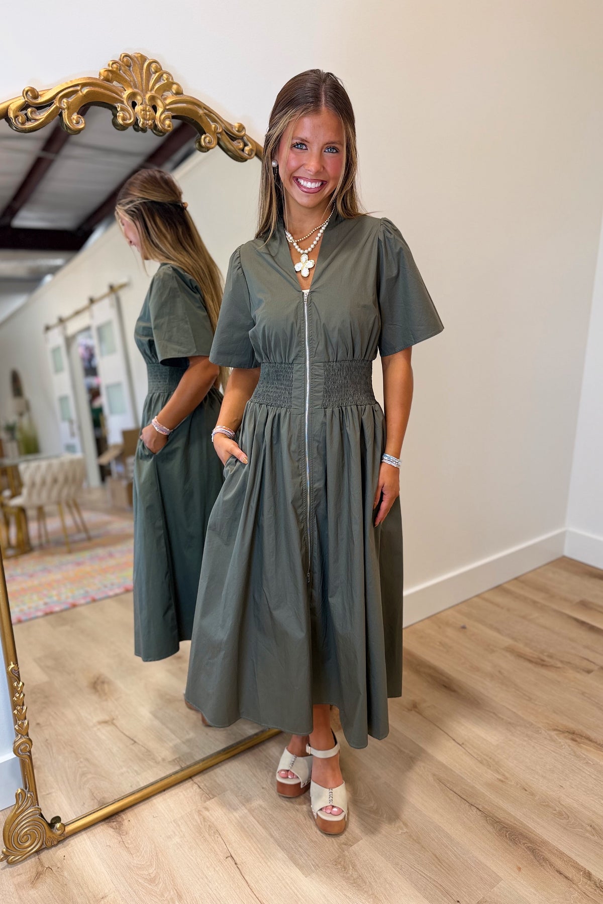 Stella Zip Front Midi Dress Olive