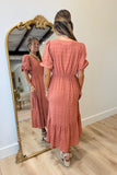Textured Bubble Sleeve Midi Dress Brick