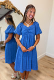 Textured Cinch Bubble Sleeve Midi Dress Blue