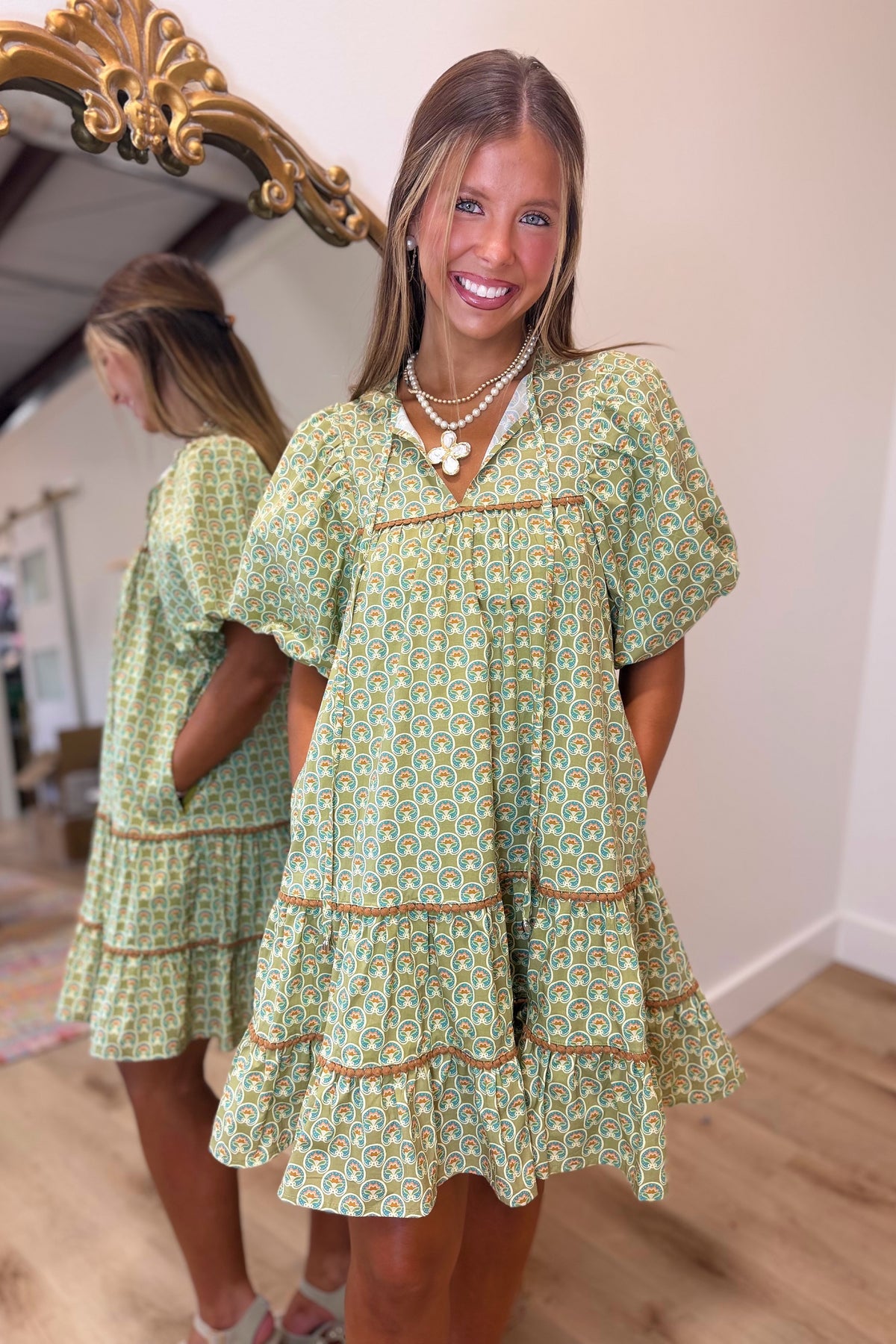 Lotus Jewel Puff Sleeve Dress Green