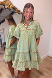 Lotus Jewel Puff Sleeve Dress Green