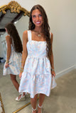 Delicate Floral Pastel Tiered Mini Dress Blue