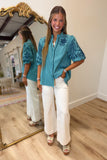 Umgee Embroidered Sleeve Puff Sleeve Top Teal