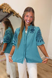 Umgee Embroidered Sleeve Puff Sleeve Top Teal