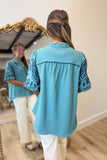 Umgee Embroidered Sleeve Puff Sleeve Top Teal