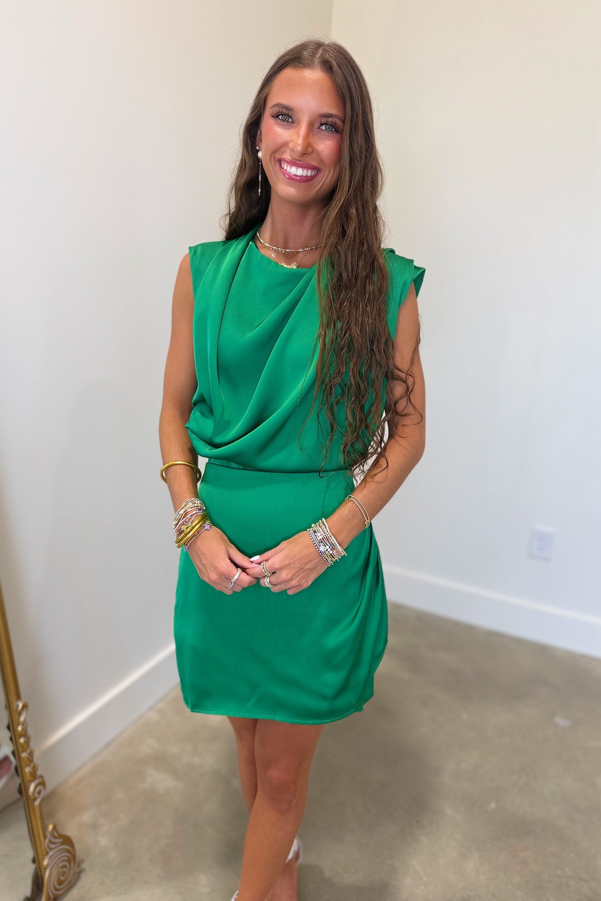 Ava Draped Neckline Satin Dress Green