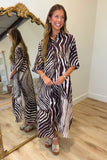Zebra Zeal Button Midi Dress Brown