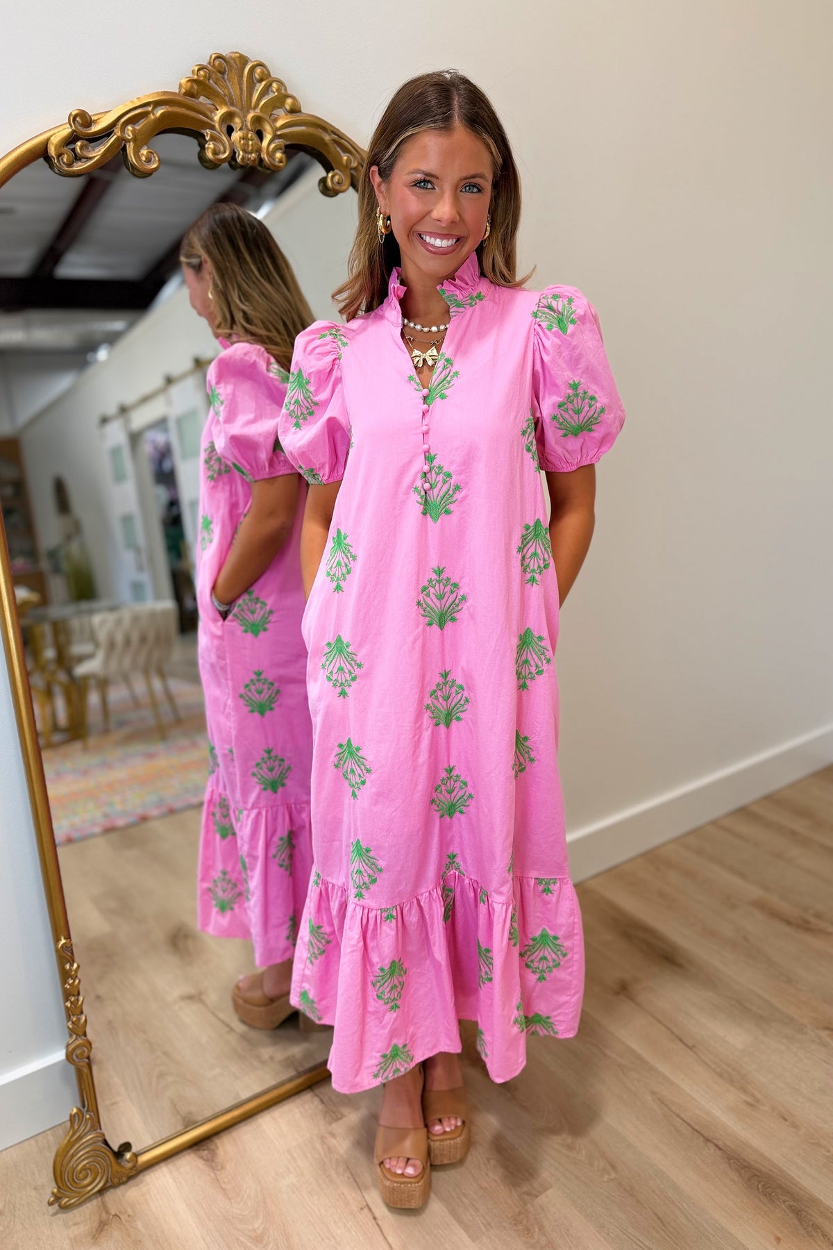 Island Time Puff Sleeve Midi Dress Pink