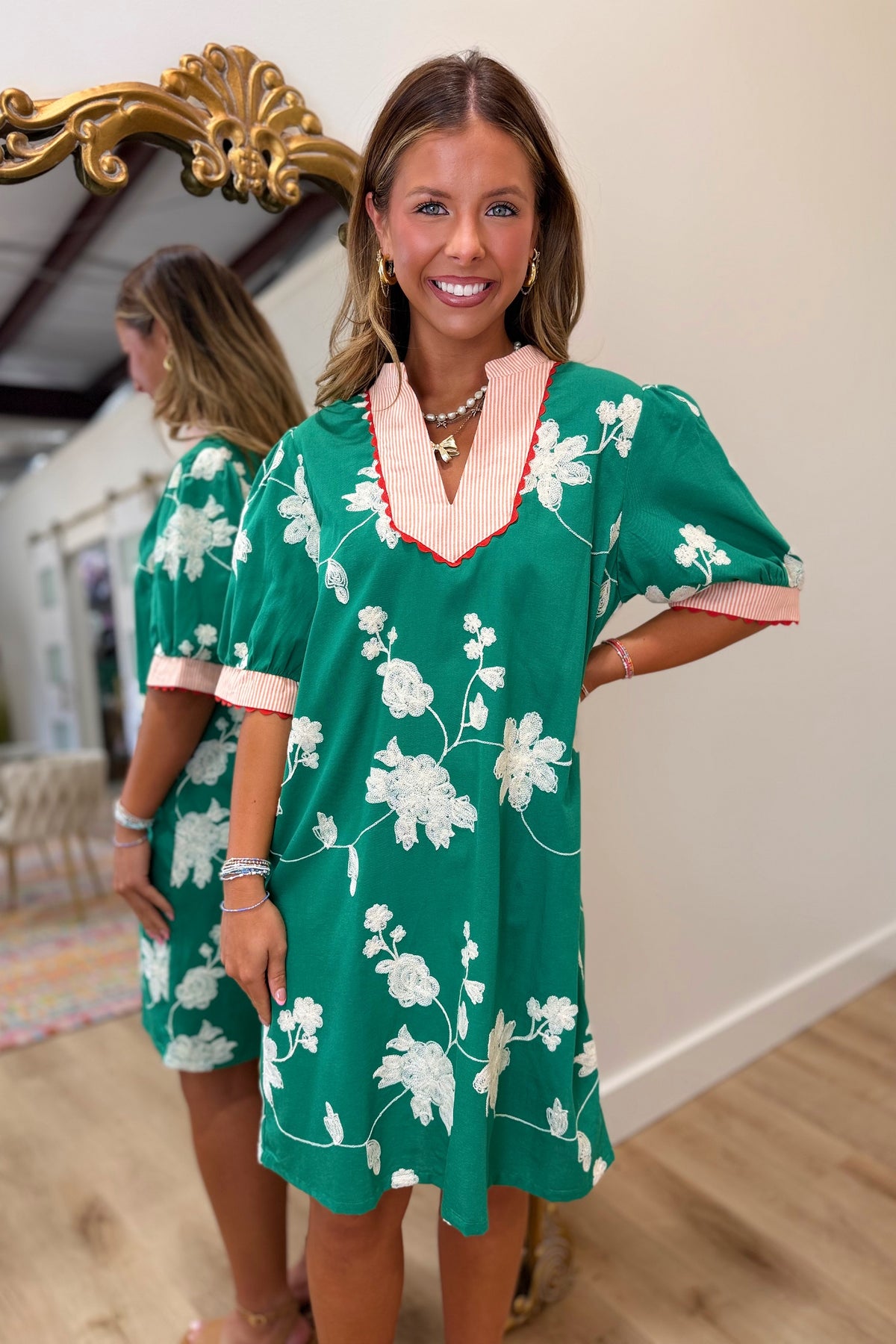 Stripe and Scallop Detail Embroidered Dress Green