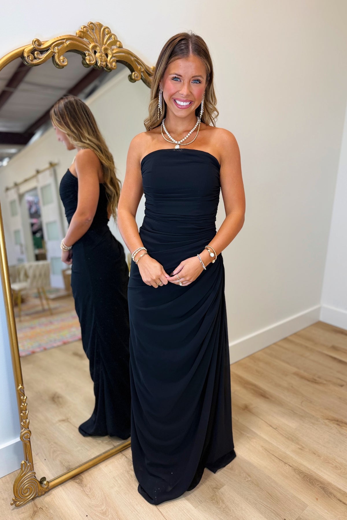 Perfect Night Draped Strapless Dress Black