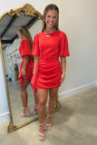 Lucky Me Ruched Dress W Puff Sleeves Red Scuba