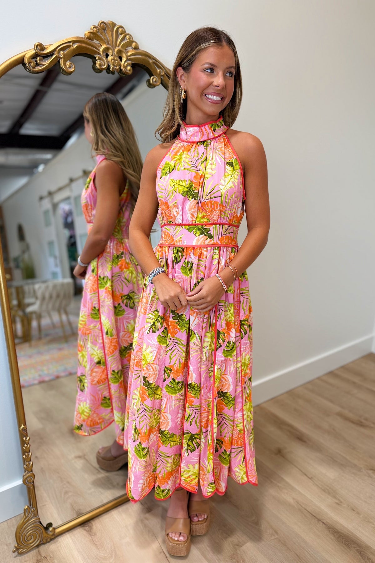Tropical Leaves Midi Dress Pink