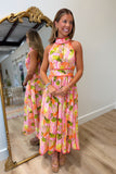 Tropical Leaves Midi Dress Pink