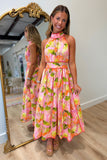 Tropical Leaves Midi Dress Pink