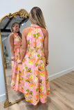 Tropical Leaves Midi Dress Pink