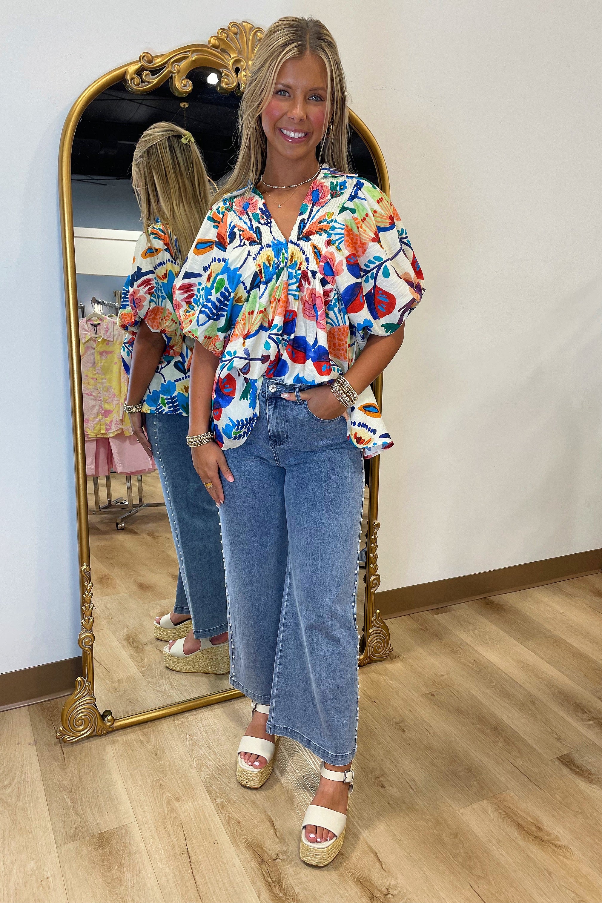 Pearl Accented Wide Leg Jean Denim