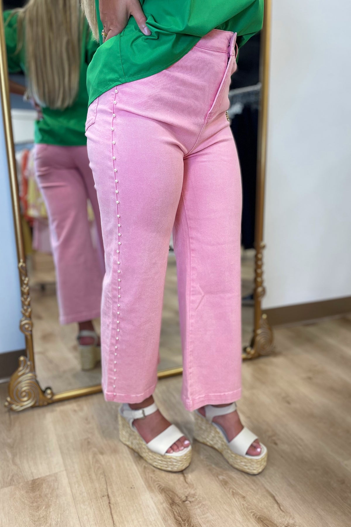 Pearl Accented Wide Leg Jean Pink