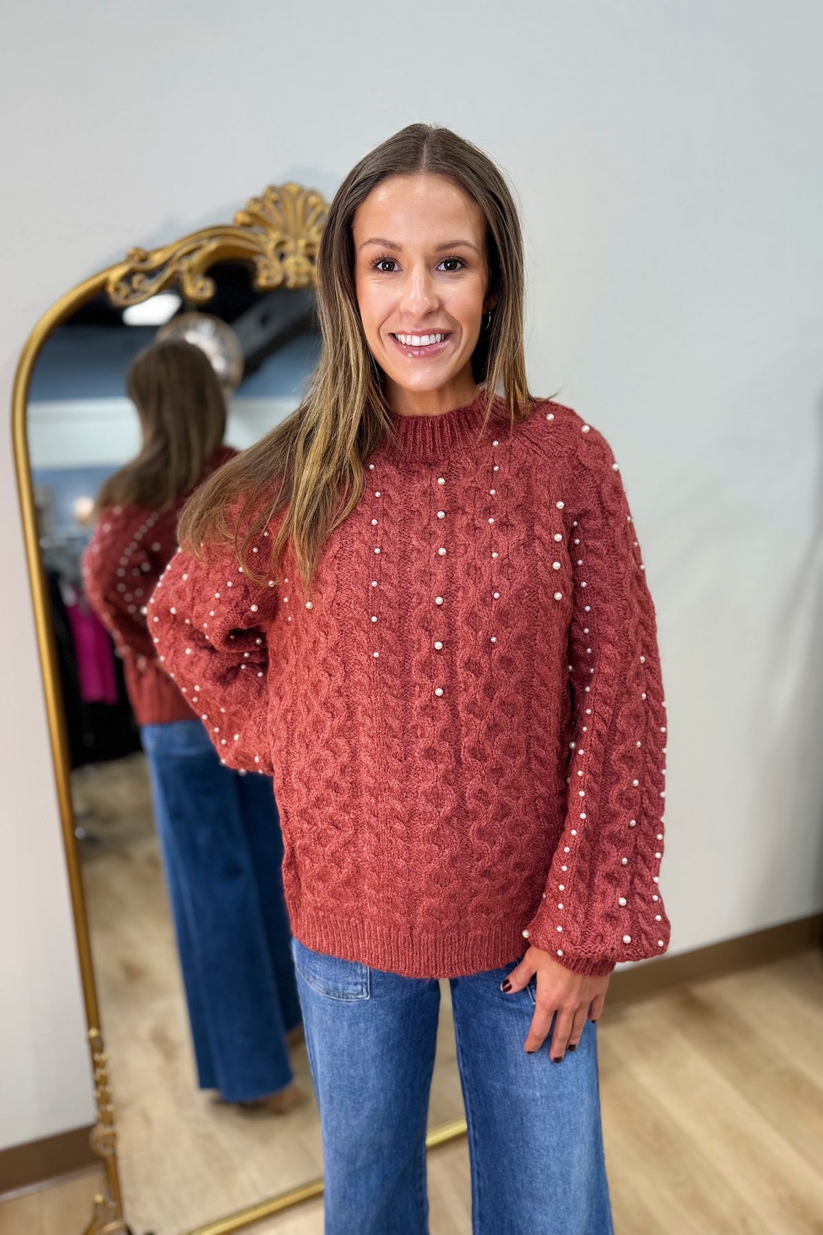Girls in Pearls Sweater Brick