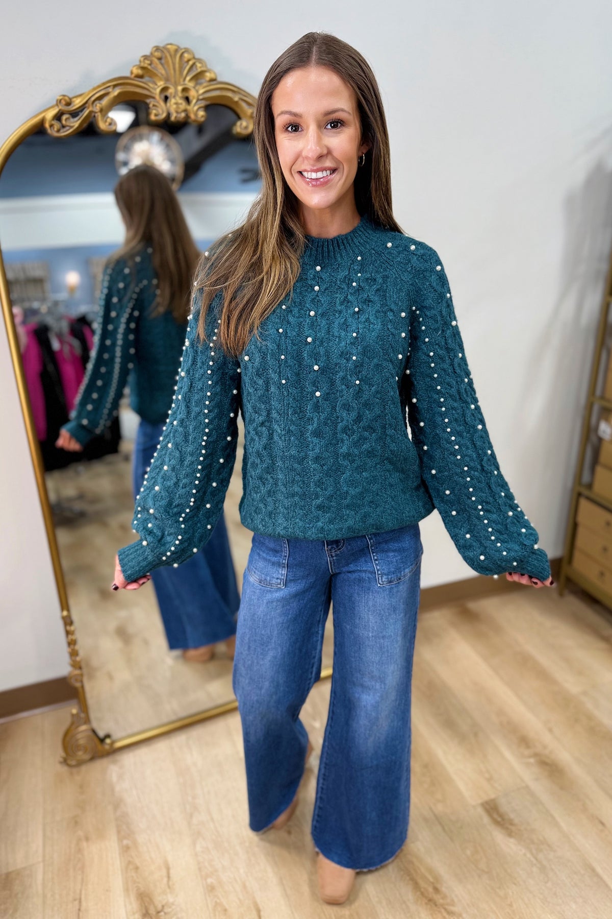 Girls in Pearls Sweater Emerald