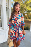 Abstract Print Belted Mini Dress