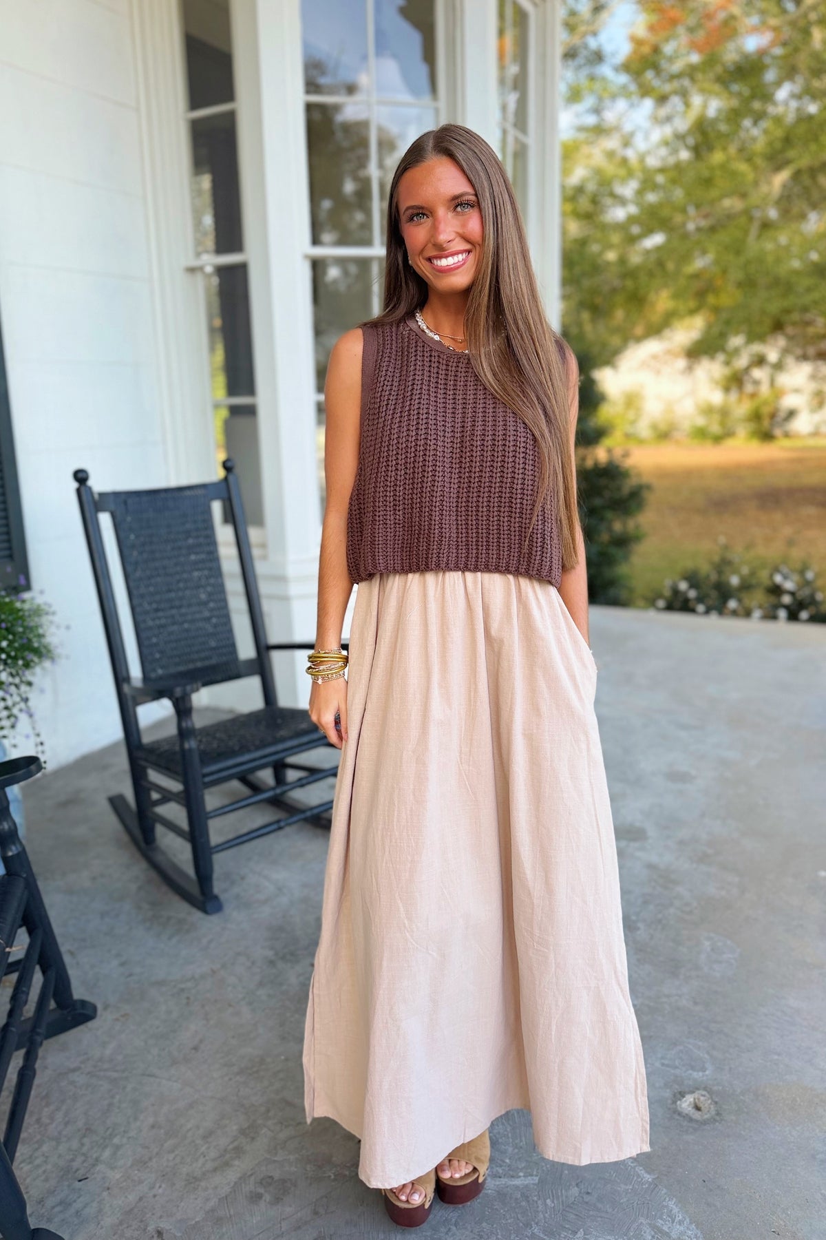 Gather Together Chunky Sweater Midi Dress Brown