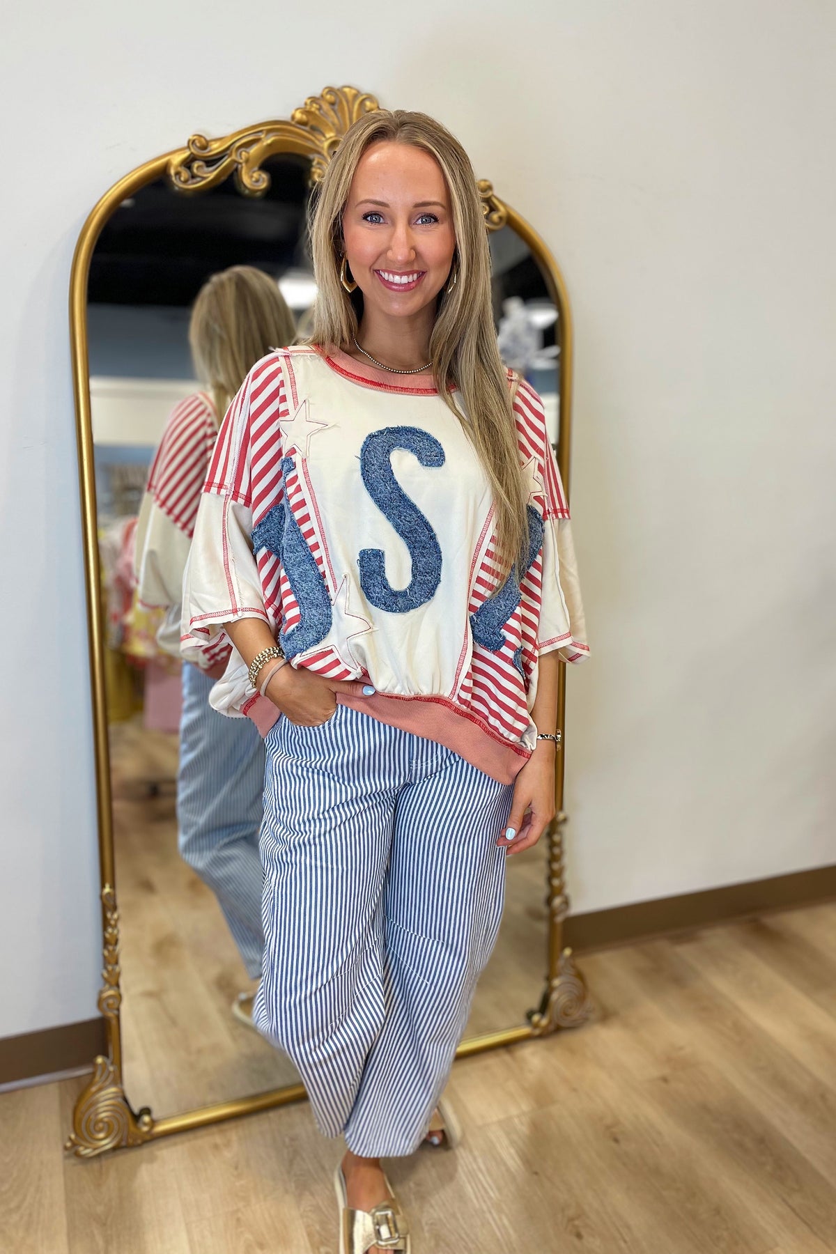 Usa Patchwork Stripes Tee Denim
