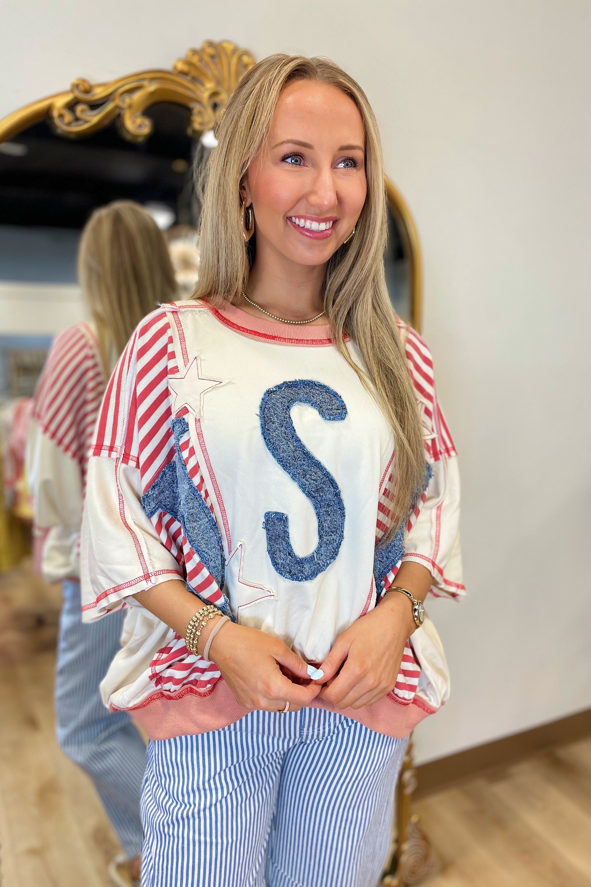 Usa Patchwork Stripes Tee Denim