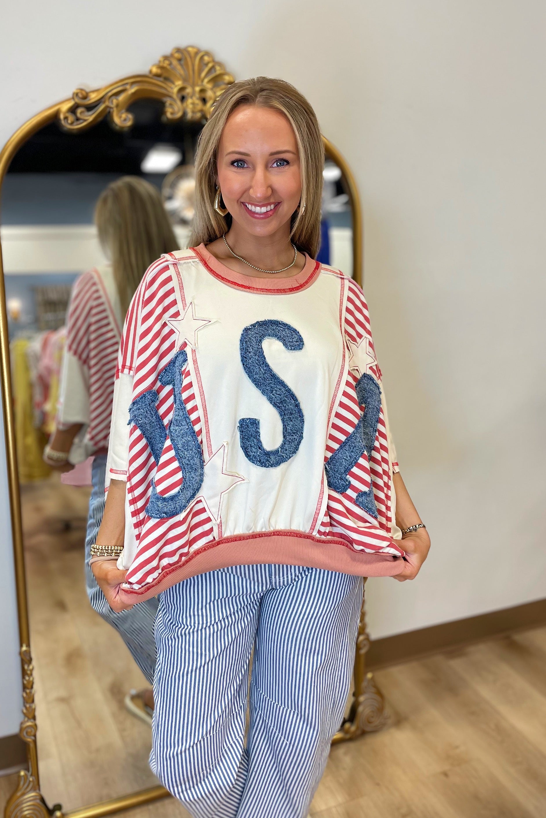 Usa Patchwork Stripes Tee Denim