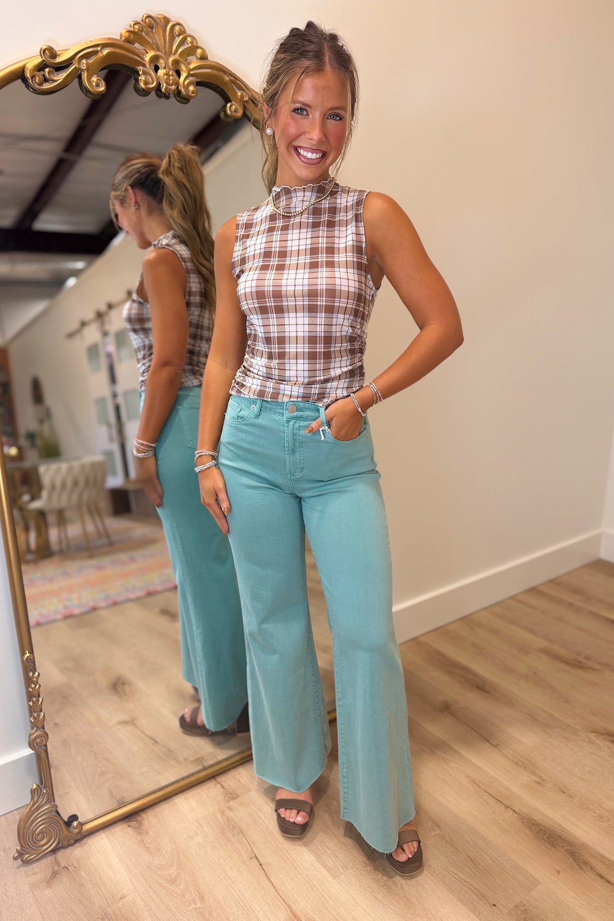 Endless Possibilities Sleeveless Plaid Top Brown