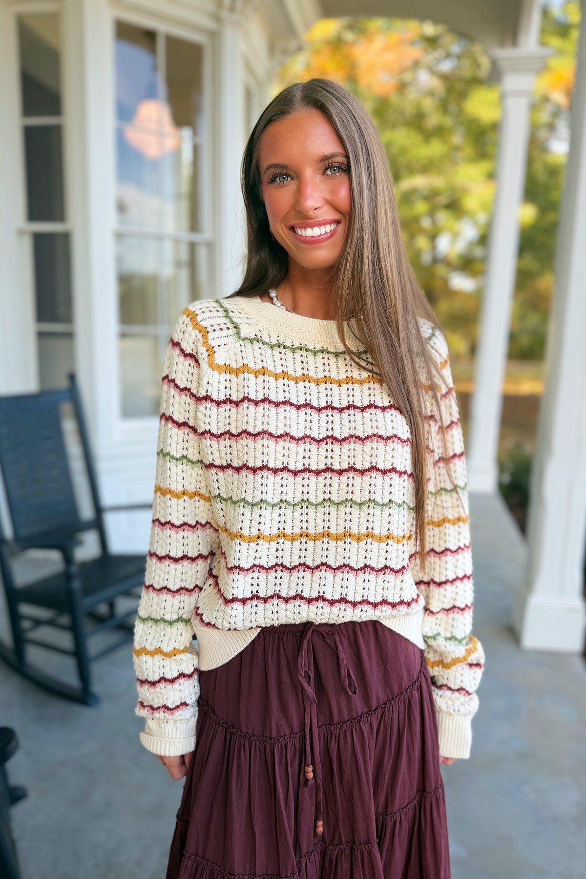 Gather Together Multicolor Stripe Crochet Sweater Cream