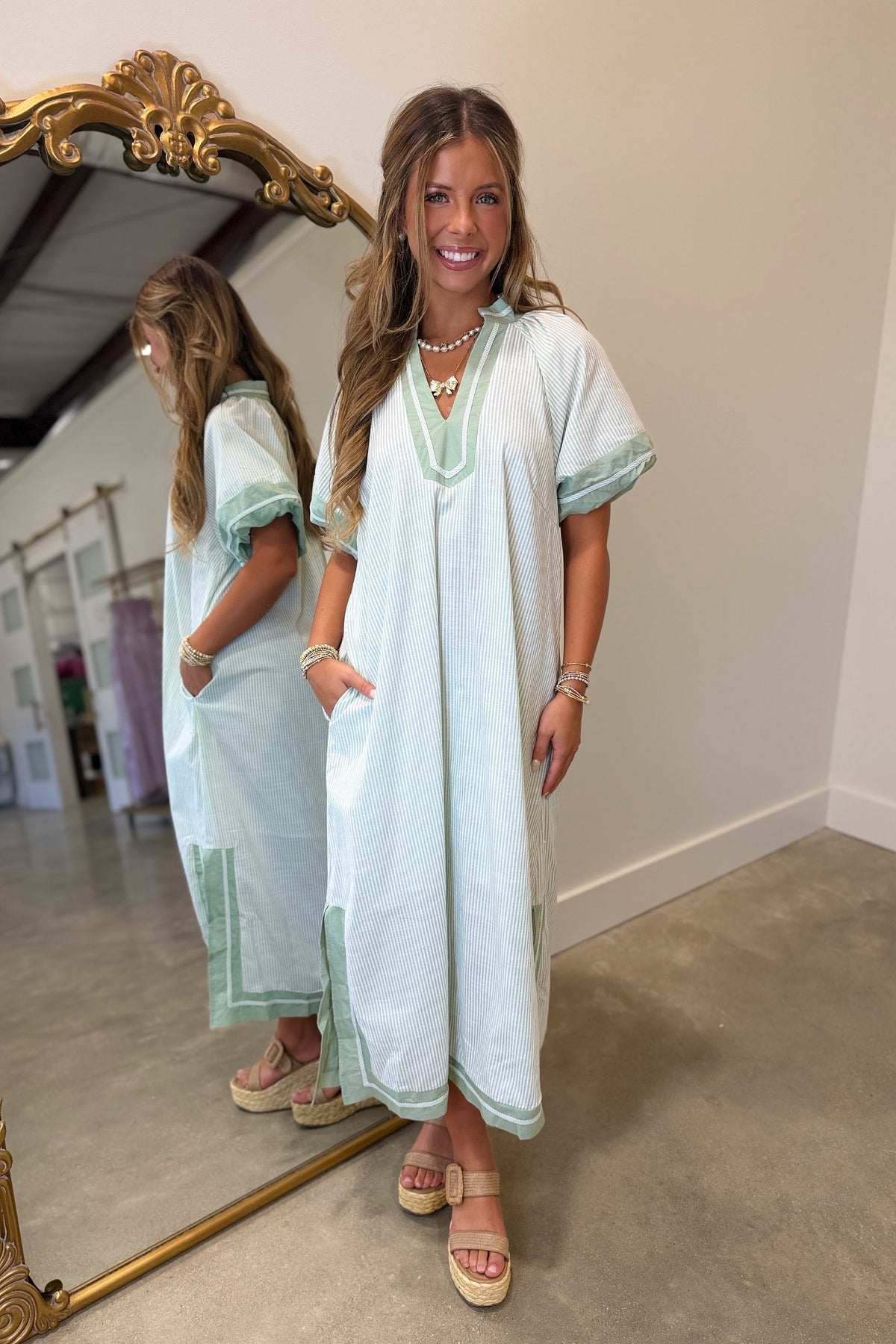 Umgee Pin Strip Puff Sleeve Midi Dress Sage