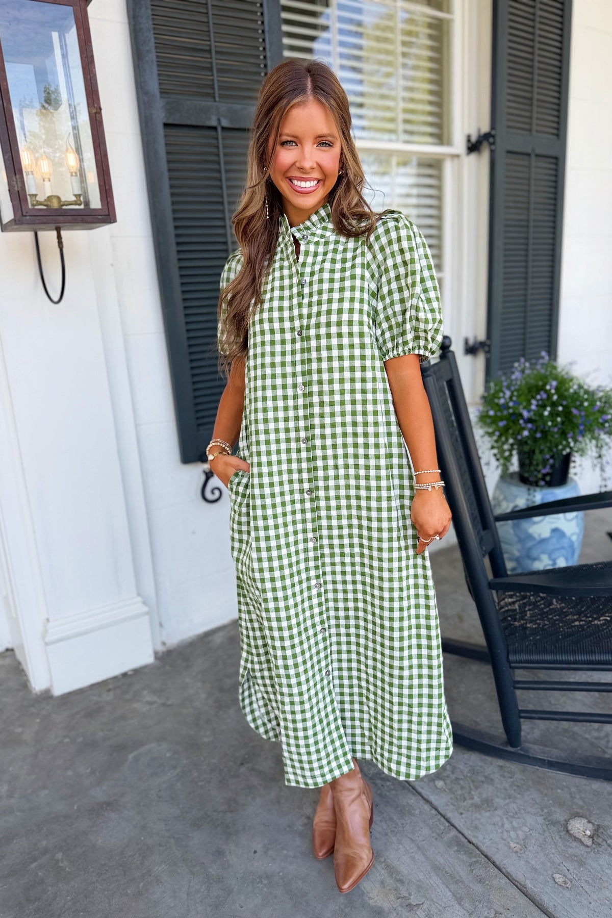 Pie Baking Puff Sleeve Plaid Dress Green