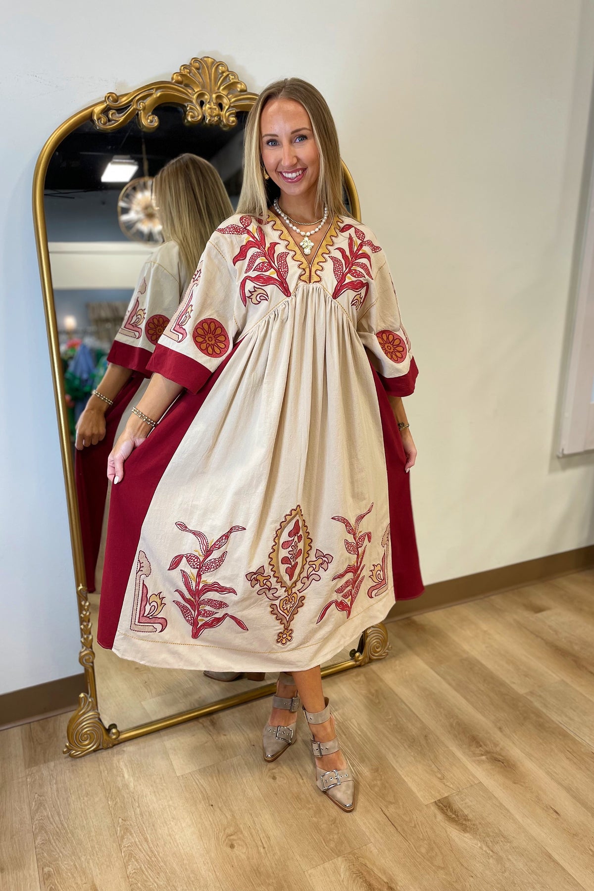 Bohemian Bliss Embroidered Dress Burgundy