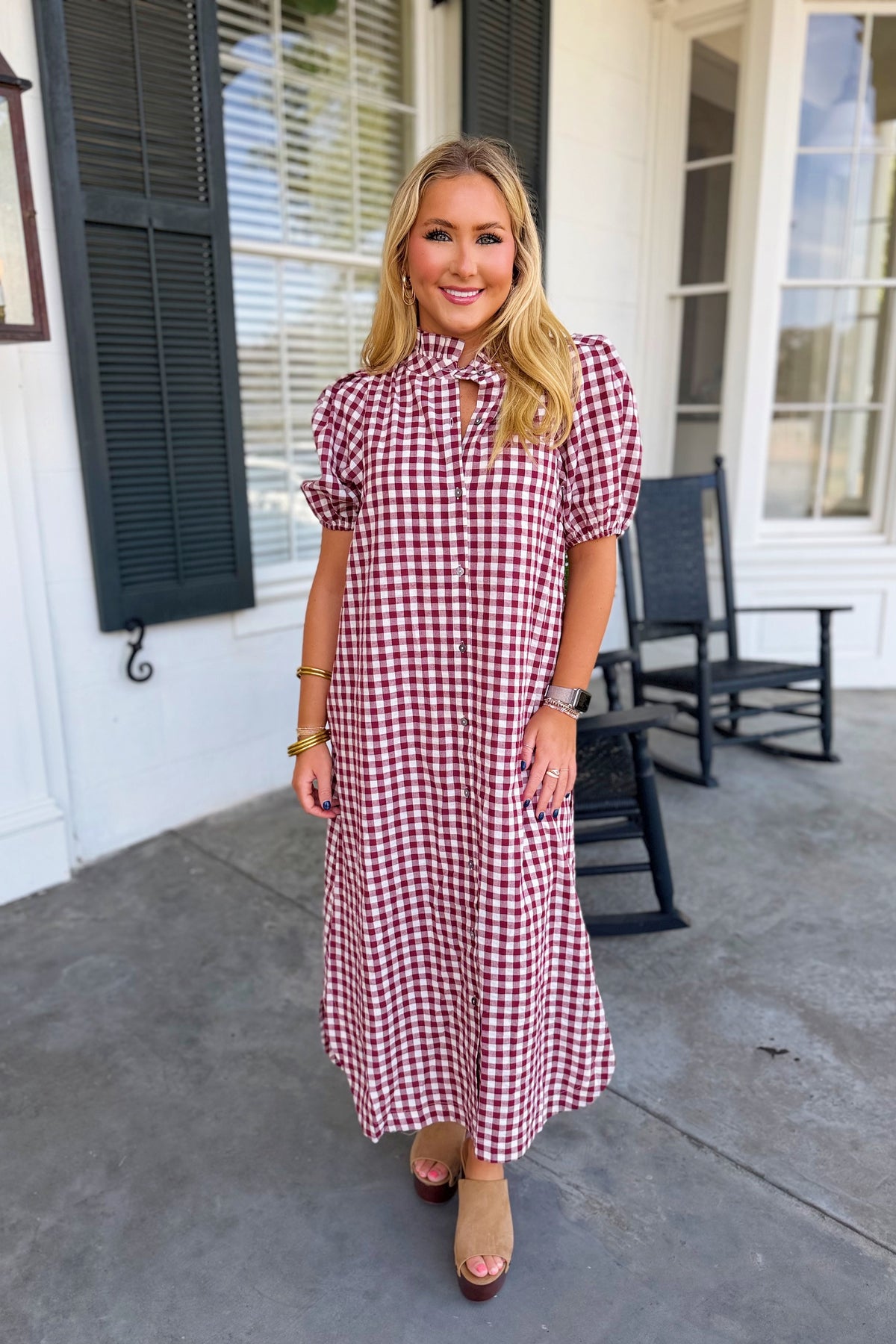 Pie Baking Puff Sleeve Plaid Dress Wine