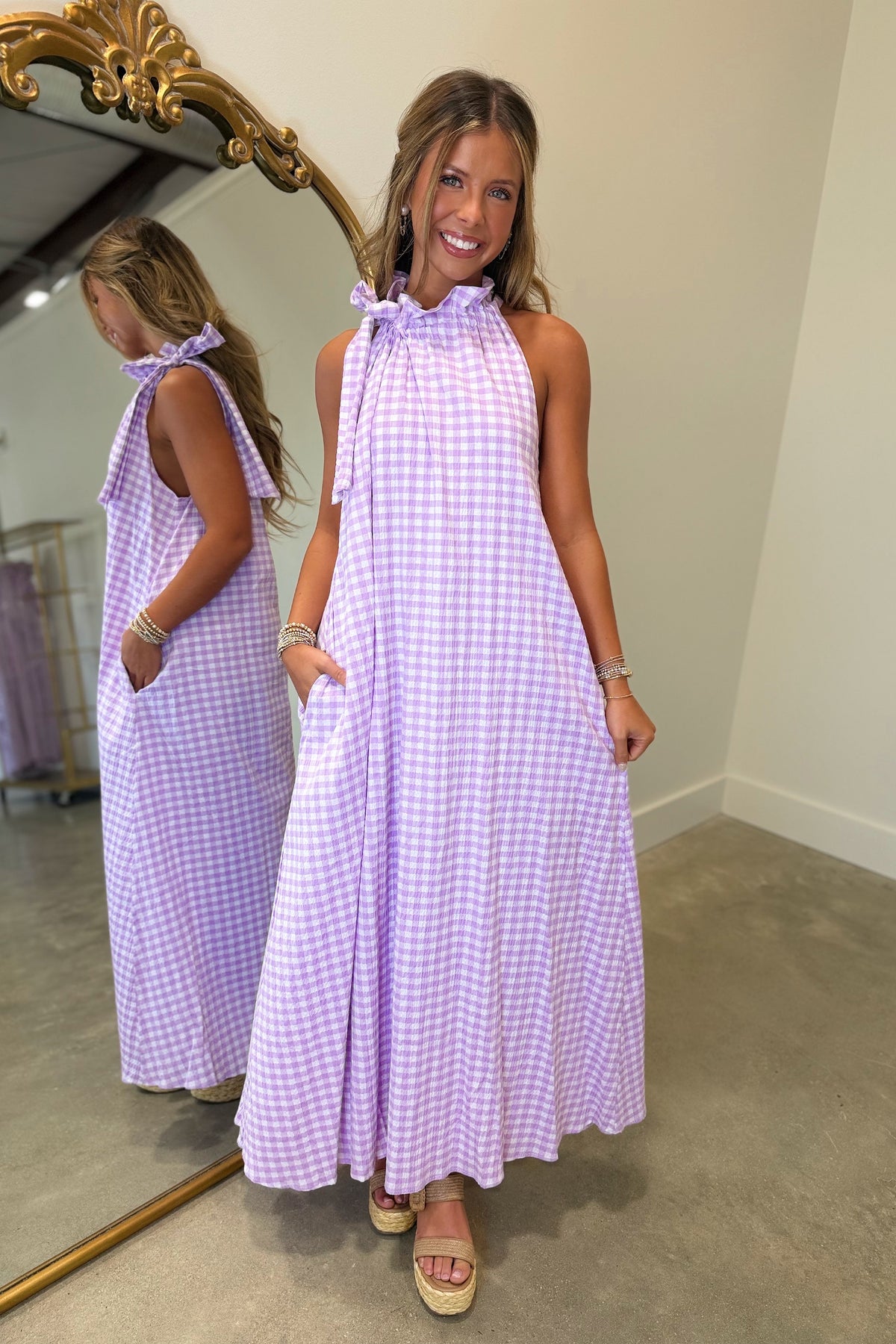 Six Months Later Gingham Maxi Dress Lavender