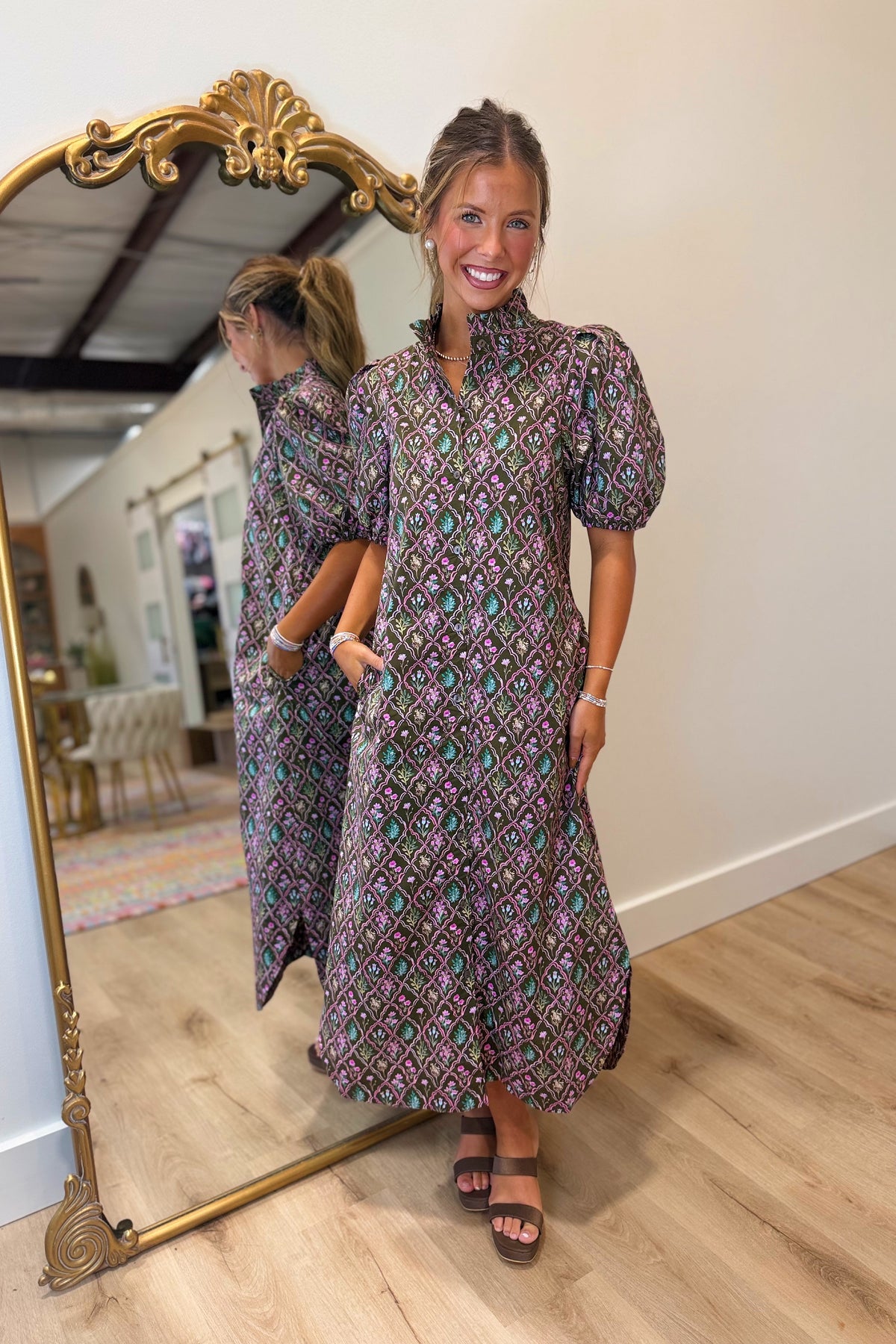 Lattice Rose Midi Dress Brown