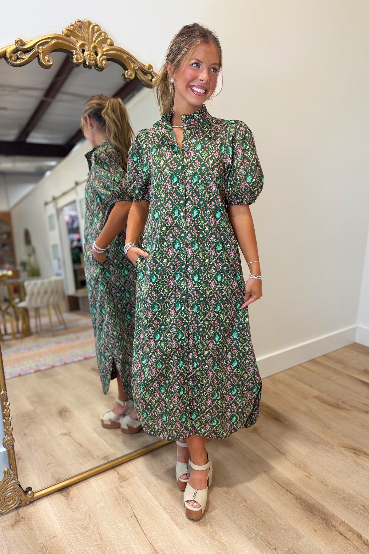 Lattice Rose Midi Dress Pine Green