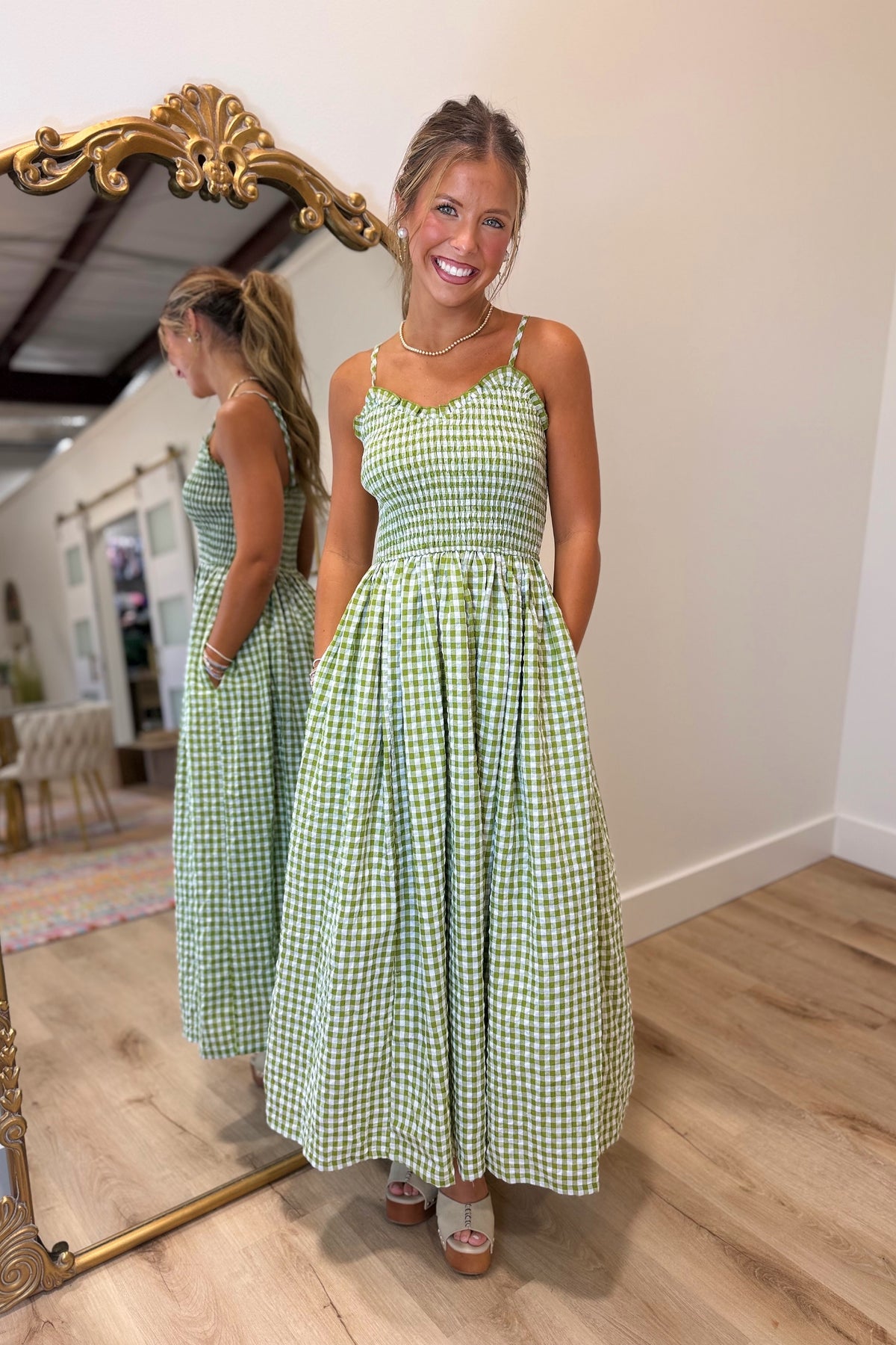 Gingham Gathering Midi Dress Green