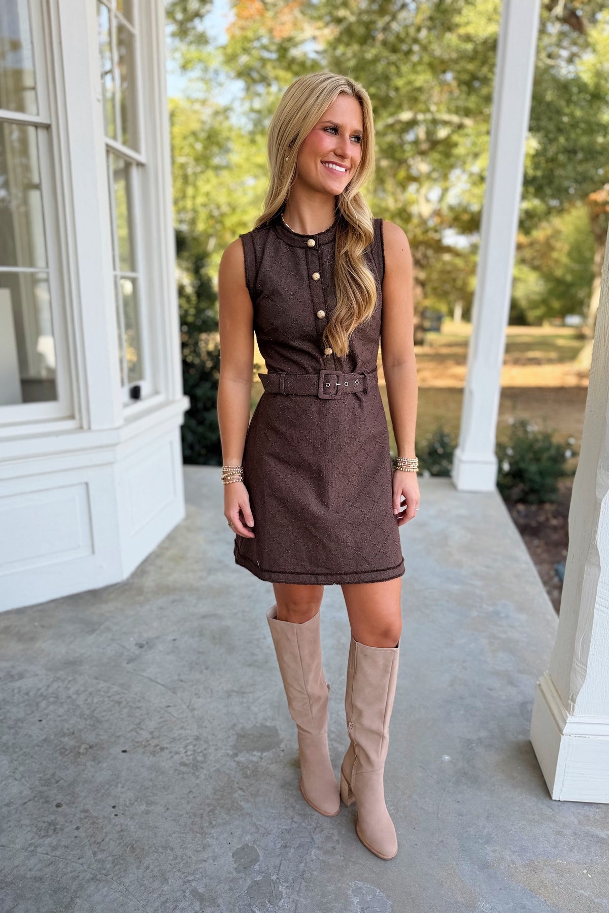 Perfect All American Belted Button Dress Brown